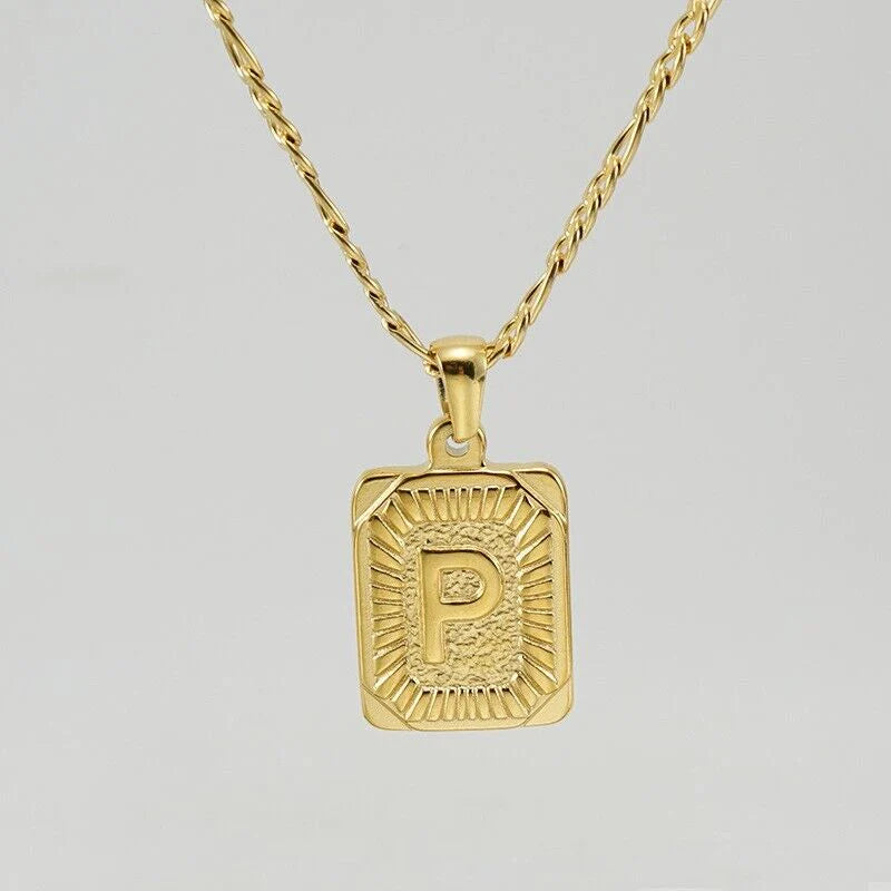 18" Gold Plated Initial Letter Pendant Necklace Stainless Steel Figaro Chain