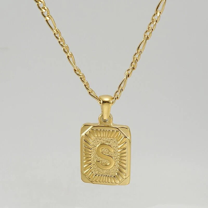 18" Gold Plated Initial Letter Pendant Necklace Stainless Steel Figaro Chain