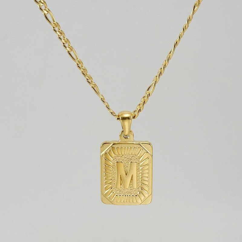 18" Gold Plated Initial Letter Pendant Necklace Stainless Steel Figaro Chain