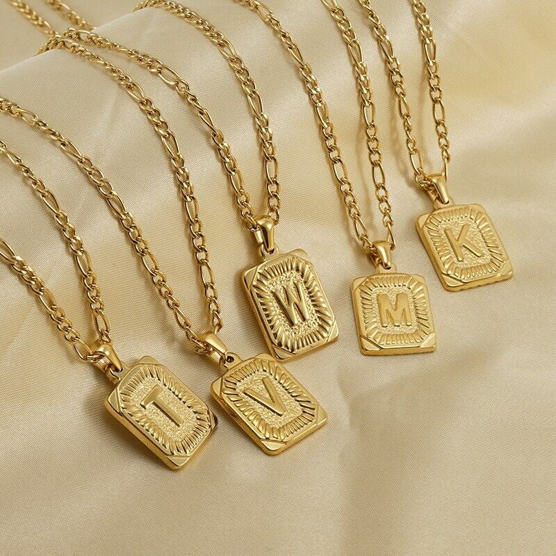 18" Gold Plated Initial Letter Pendant Necklace Stainless Steel Figaro Chain