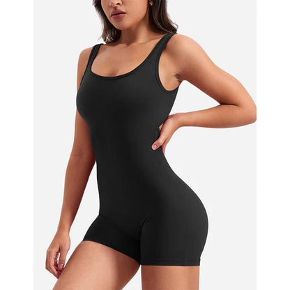 Stylish Women's One Piece Jumpsuit with Tummy Control - V Back Scrunch Butt Sleeveless Bodycon Yoga Romper Shorts